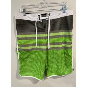 Hurley Phantom Board Shorts Men's 31 Green Grey Stripe Athletic Swim Trunks